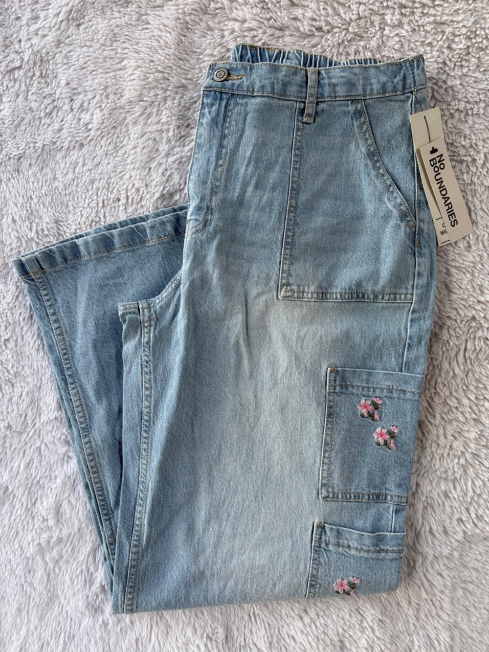 No Boundaries Women's Light Blue Embroidered Carpenter Jeans